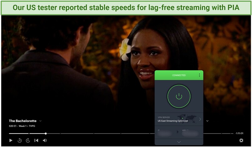 A screenshot of The Bachelorette on Hulu while connected to PIA'S US East streaming server