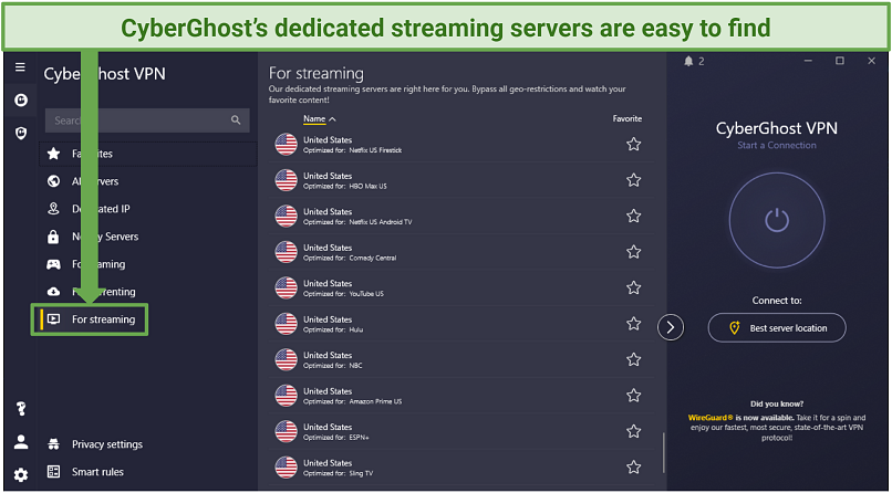 Graphic showing CyberGhost streaming-optimized servers for easily accessing The British Open platforms