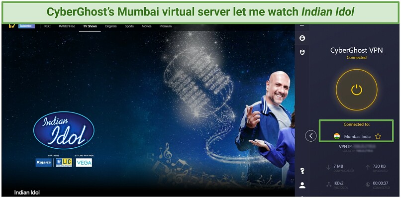A screenshot showing that CyberGhost unblocked SonyLIV