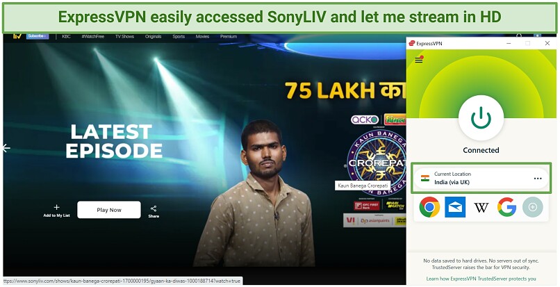 A screenshot showing that ExpressVPN unblocked SonyLIV