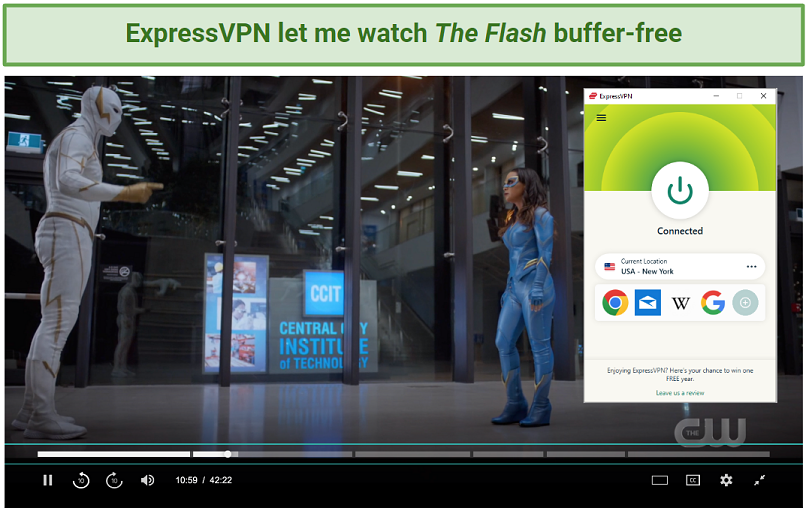 A screenshot showing The Flash playing on The CW while connected to ExpressVPN's NY server