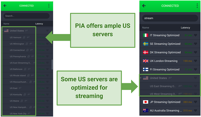 A screenshot of PIA's US servers