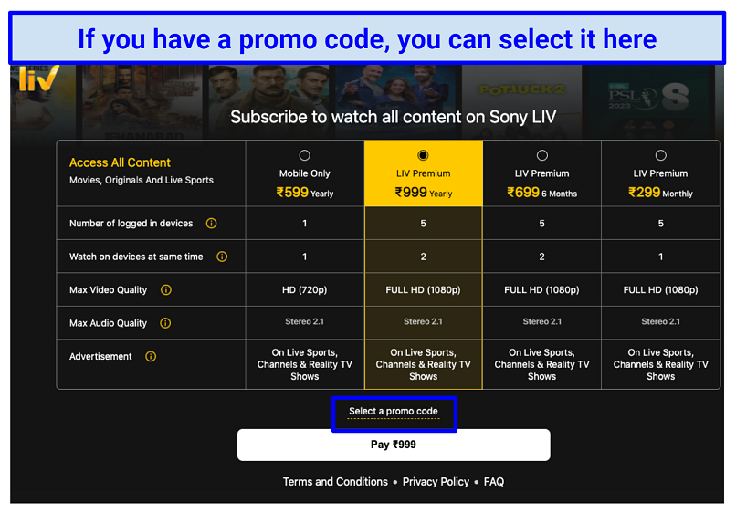 A screenshot showing SonyLIV's subscription plans