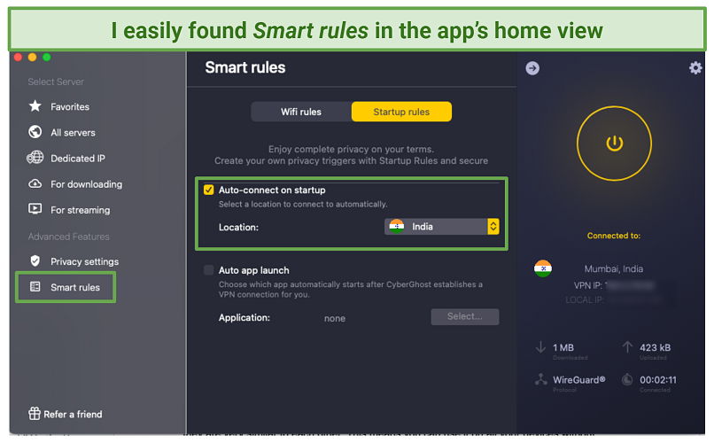 A screenshot showing CyberGhost's Smart rules on its macOS app