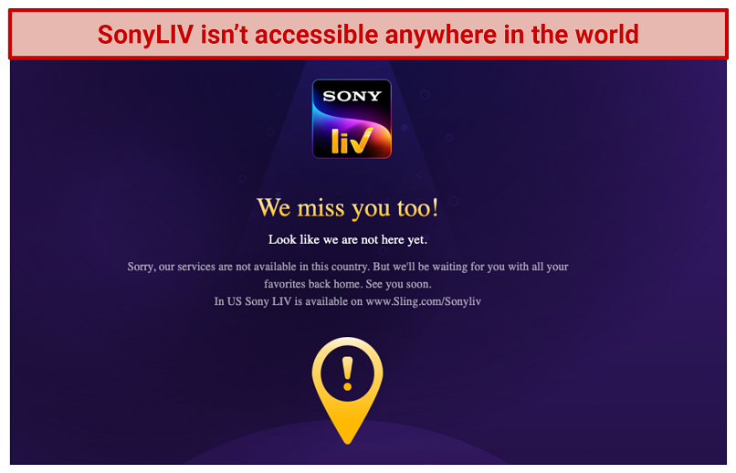 A screenshot showing the error message that pops up on SonyLIV if you try accessing it outside of India or its other licensed countries