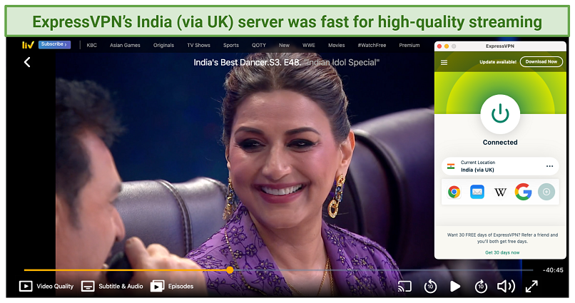 A screenshot showing India's Best Dancer playing on SonyLIV while connected to ExpressVPN's India (via UK) server