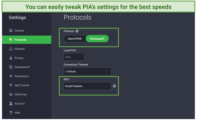 A screenshot showing PIA's customizable settings on its macOS app