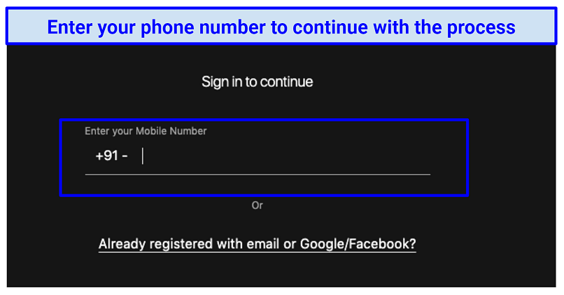 A screenshot showing the field for entering your mobile number when subscribing to SonyLIV Premium