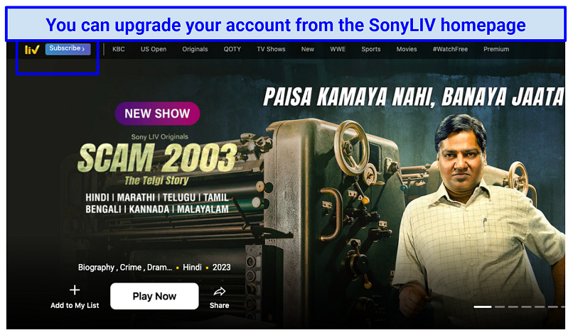 A screenshot of SonyLIV's homepage showing the Subscribe button to upgrade to a premium subscription