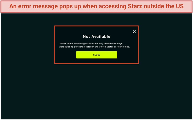 Screenshot of Starz geo-blocked