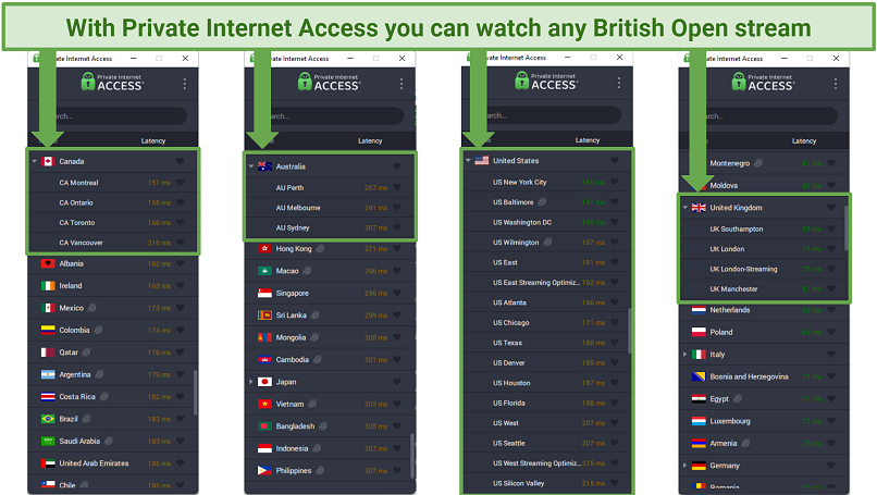 Graphic showing Private Internet Access' extensive network of servers capable of watching The British Open