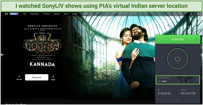 A screenshot showing that PIA unblocked SonyLIV