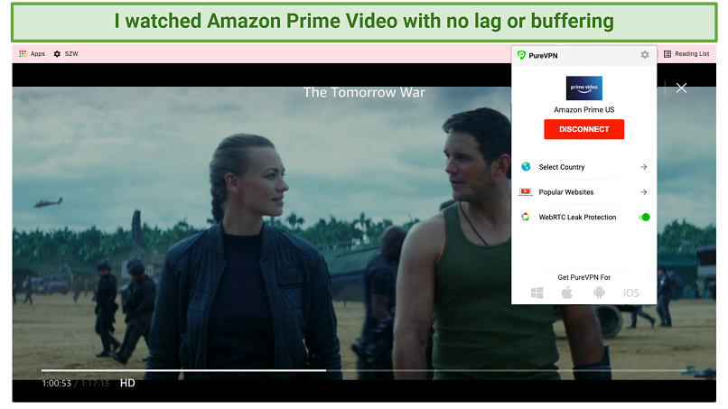 Screenshot showing Amazon Prime Video streaming with PureVPN