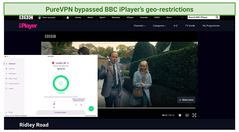 screenshot of BBC iPlayer streaming Ridley Road unblocked with PureVPN