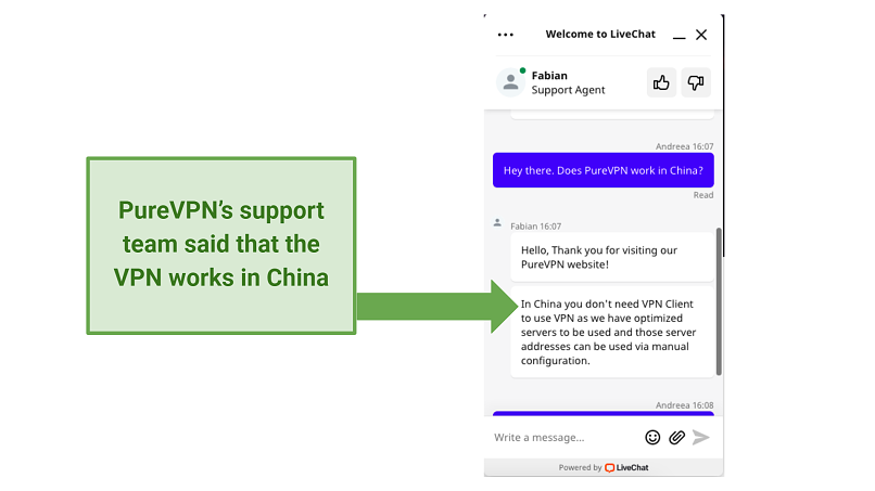 Graphic showing that PureVPN's support says it works in China