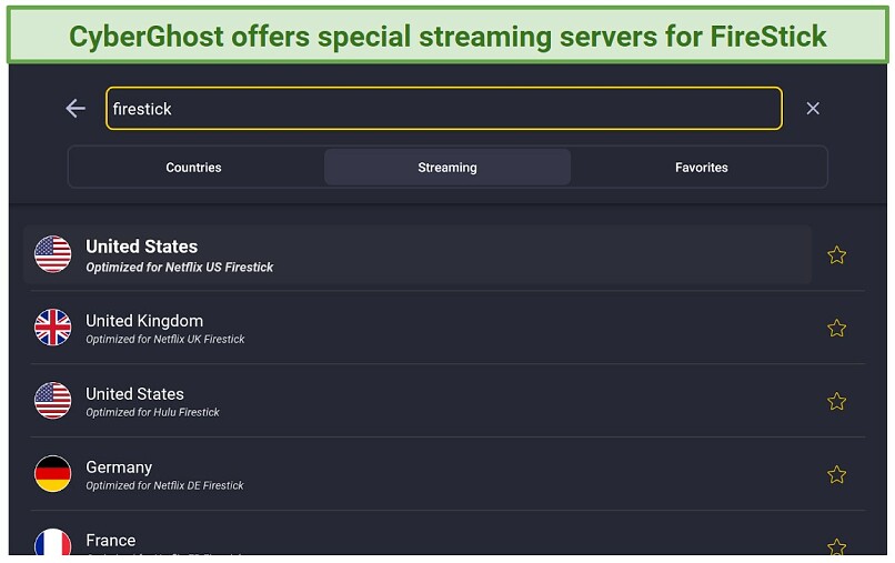 A screenshot of CyberGhost's streaming-optimized servers on its FireStick app
