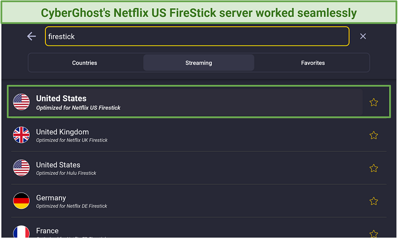 A screenshot of CyberGhost's streaming-optimized servers on its FireStick app