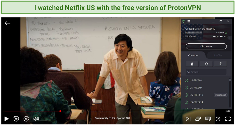 Screenshot of watching Community on Netflix US with the free version of ProtonVPN connected to a server in the US