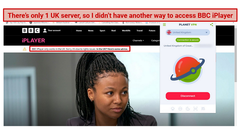 Screenshot of BBC iPlayer blocking access while connected to Free Planet VPN