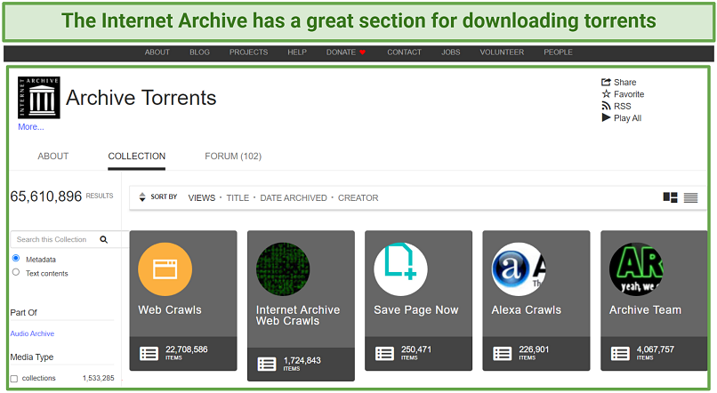 A screenshot showing the Internet Archive has dedicated section for downloading torrents