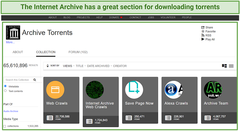 Une capture d'écran montrant l'archive Internet a une section dédiée pour télécharger des torrents