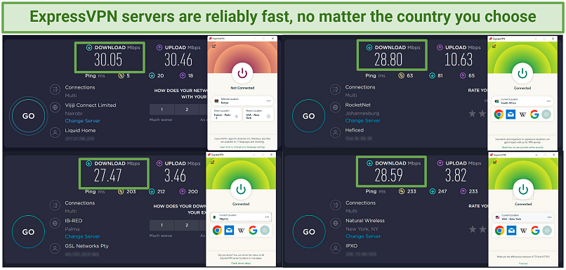 A screenshot showing ExpressVPN's consistently great speed test results on its South Africa, Algeria, and New York servers