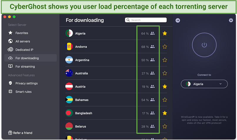 A screenshot of a list of CyberGhost's torrenting servers on its macOS app showing user load percentage