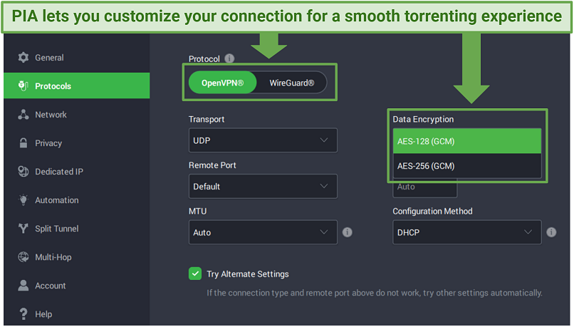 A screenshot showing PIA lets you customize your settings for torrenting.
