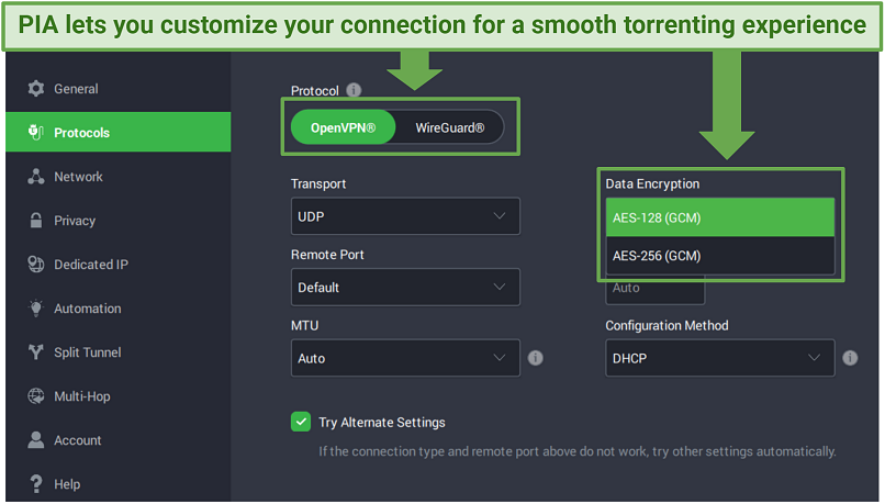 Una captura de pantalla que muestra PIA le permite personalizar su configuración para torrenting