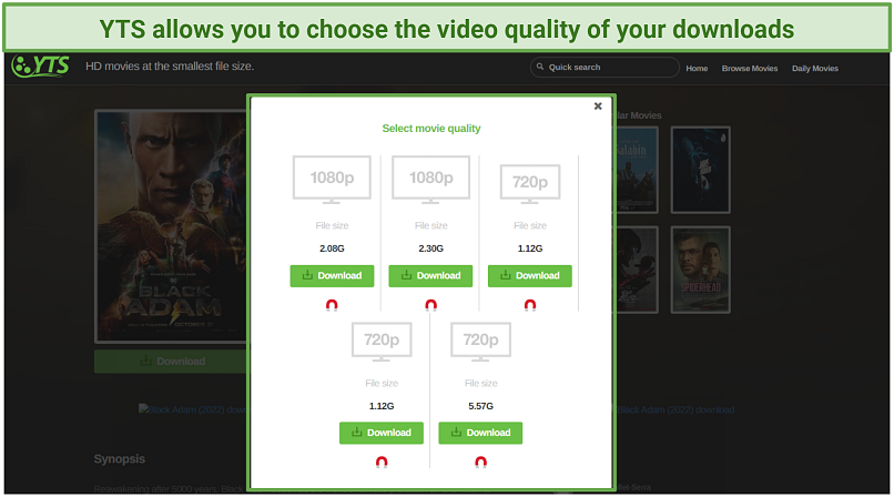 A screenshot showing YTS gives you a choice of video quality when downloading