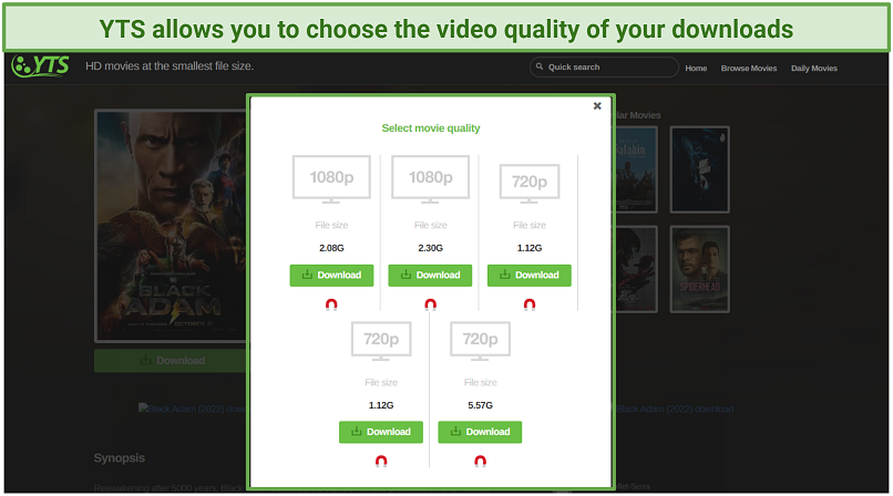 Une capture d'écran montrant YTS vous donne un choix de qualité vidéo lors du téléchargement