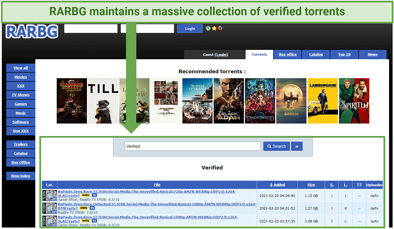 A screenshot showing RARBG has verified torrents