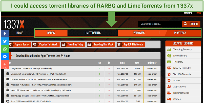 A screenshot showing you can use 1337x to access other torrent websites