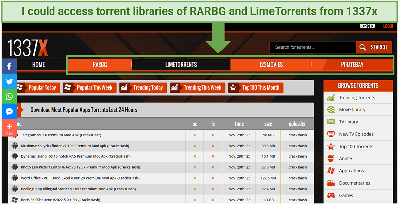 Una captura de pantalla que muestra que puede usar 1337X para acceder a otros sitios web de Torrent