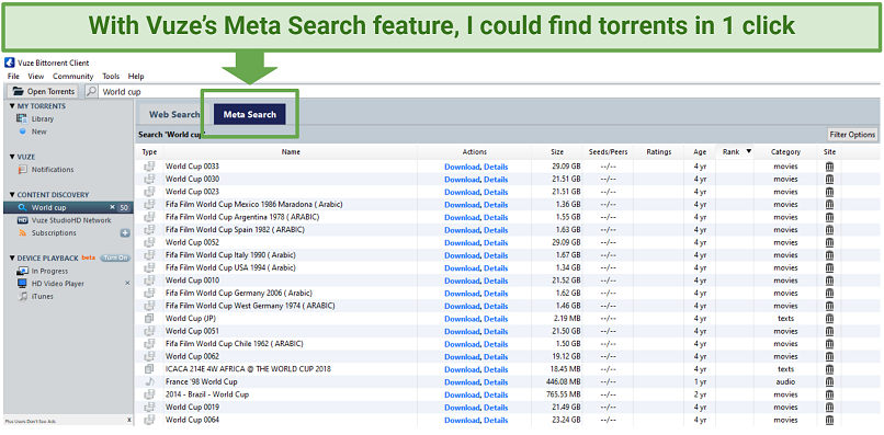 A screenshot showing you can use Vuze's Meta Search option to find torrents in one click