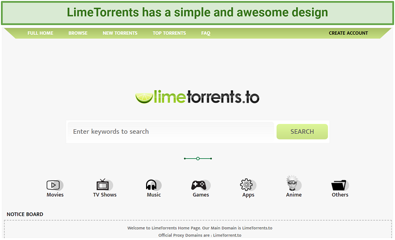 A screenshot showing LimeTorrents has a visually appealing interface