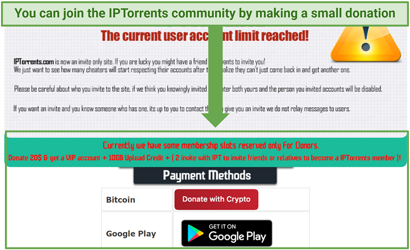 A screenshot showing you can join IPTorrents by making a donation