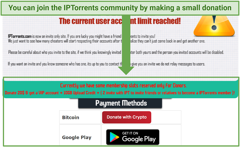 Une capture d'écran montrant que vous pouvez rejoindre Iptorrents en faisant un don