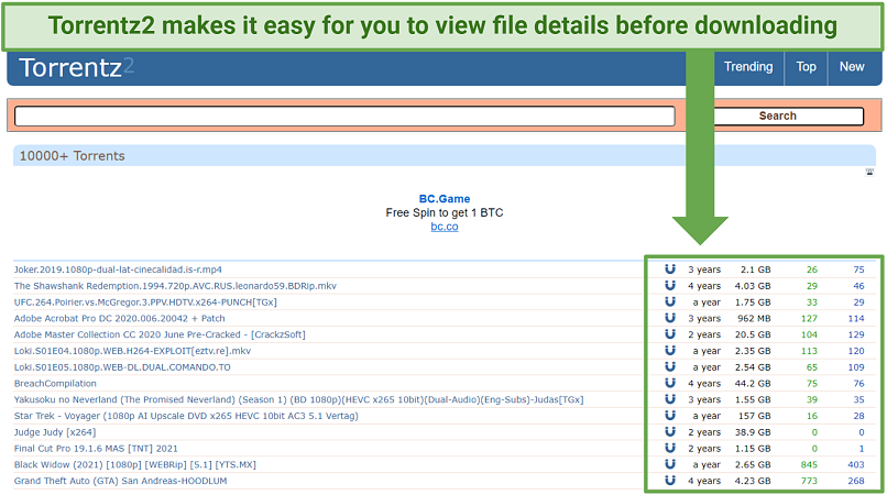 A screenshot showing Torrentz2 makes it easy to view torrents details before downloading