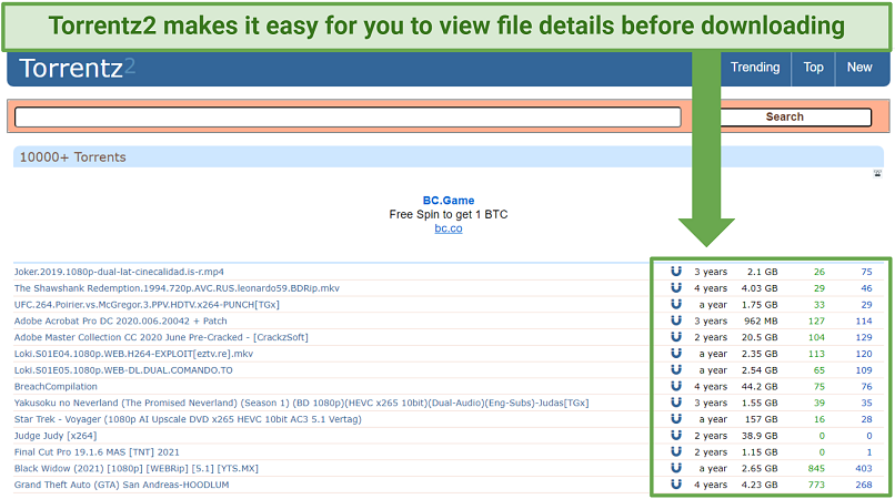 Une capture d'écran montrant Torrentz2 facilite la visualisation des détails des torrents avant le téléchargement