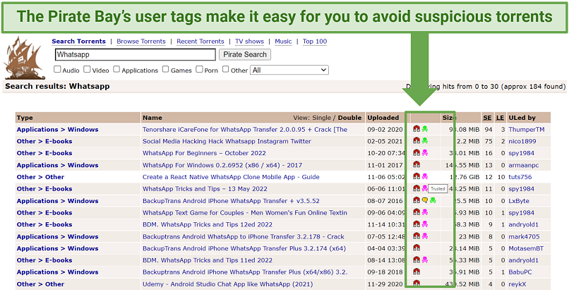 A screenshot showing The Pirate Bay has user tags that can help you know if a torrent is safe or not