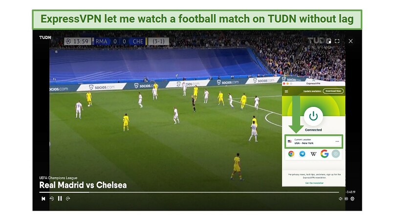 A screenshot showing a football match playing on TUDN (fuboTV) while connected to ExpressVPN's NY server