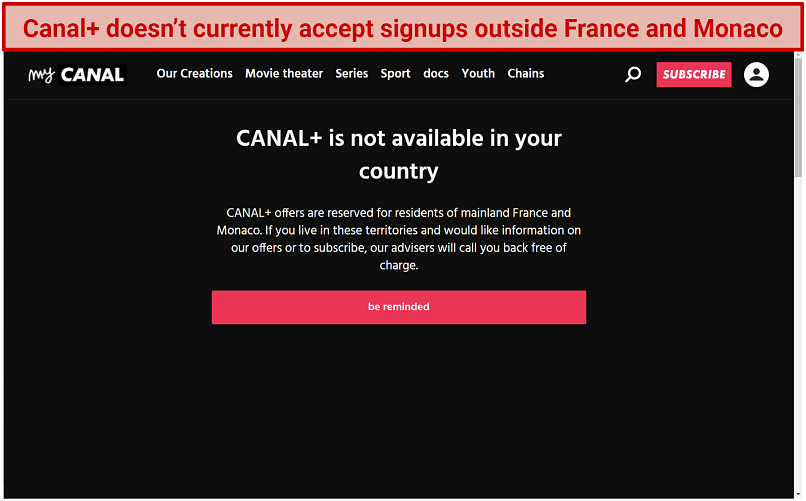Screenshot of Canal+ is not available in your country error.