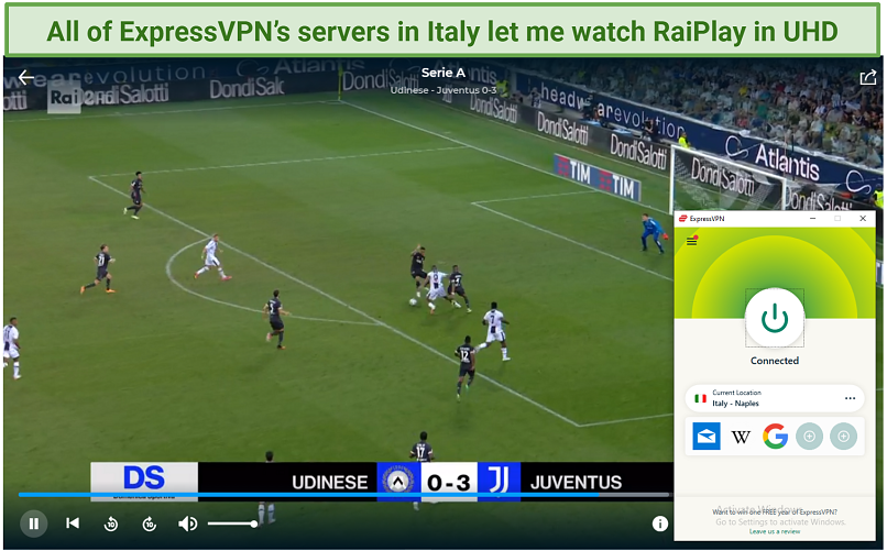 Screenshot of a football match playing on Rai 2 with ExpressVPN connected to a server in Italy