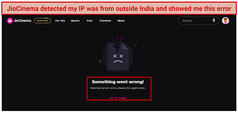 A screenshot of JioCinema's error message if trying to watch Voot shows outside of India