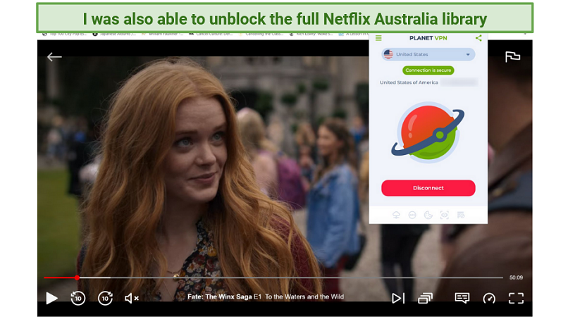 Screenshot of Netflix player streaming Fate: The Winx Saga while connected to Free Planet VPN