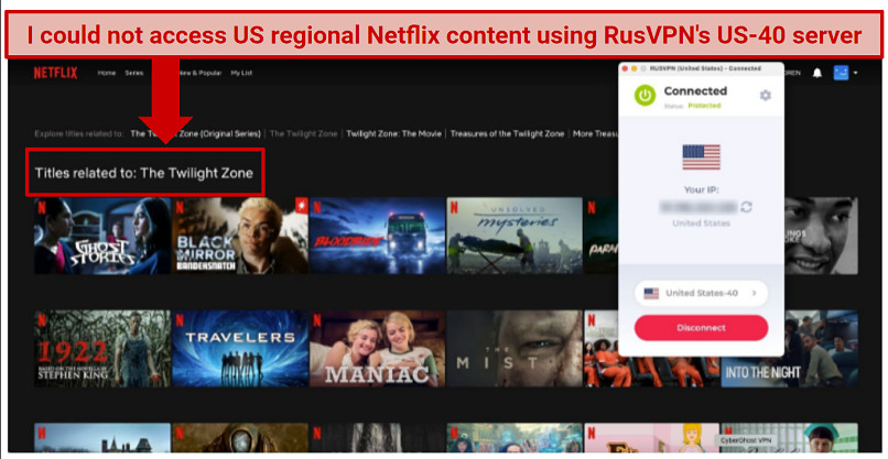 Alt text: Searching Netflix for The Twilight Zone while connected to a RusVPN US server