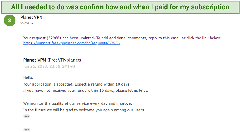 A screenshot showing Planet VPN confirming a refund request.