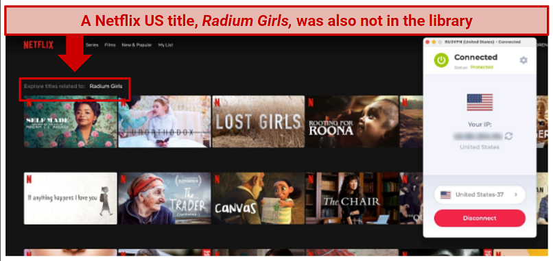Alt text: Searching Netflix for The Radium Girls while connected to a RusVPN US server