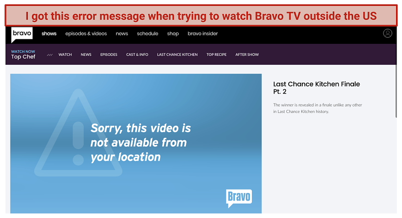 A screenshot of an error message that appears when you try accessing Bravo TV outside of the US